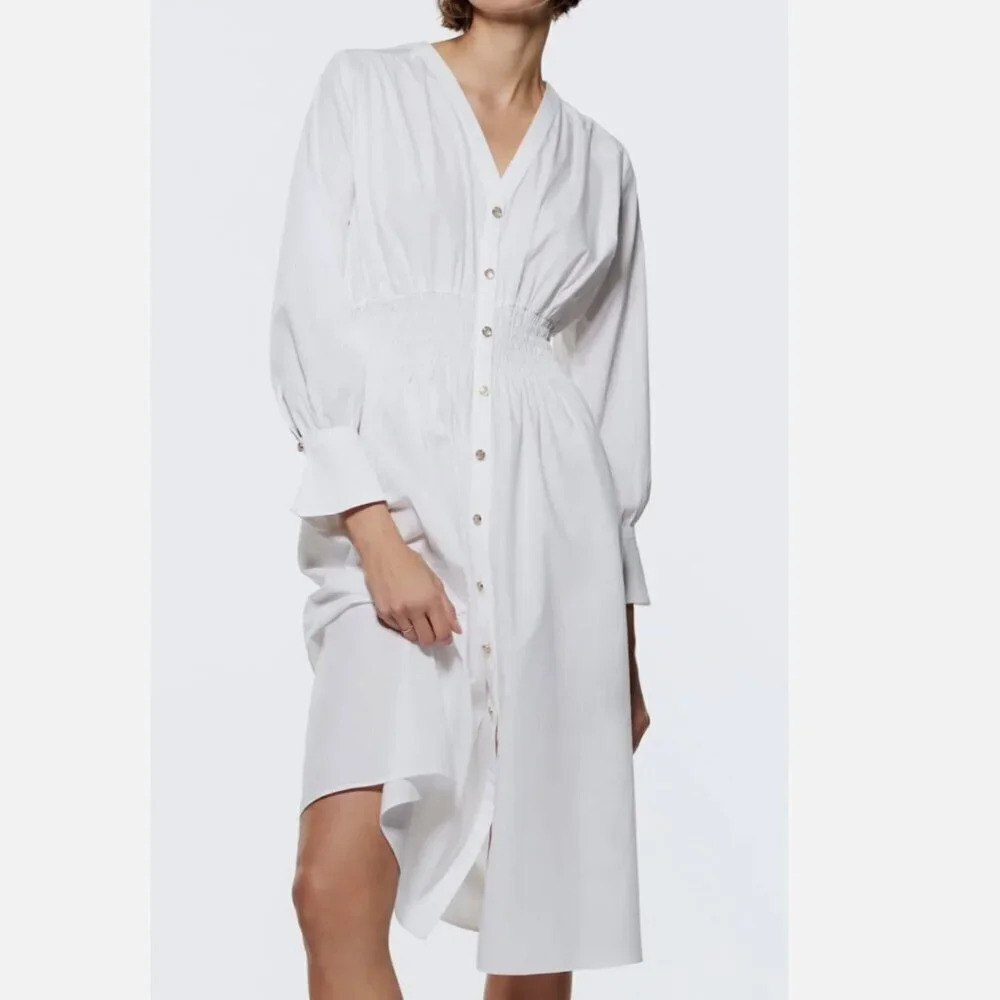 Zara Poplin Button Down Midi Dress White Size Small - Picture 9 of 9